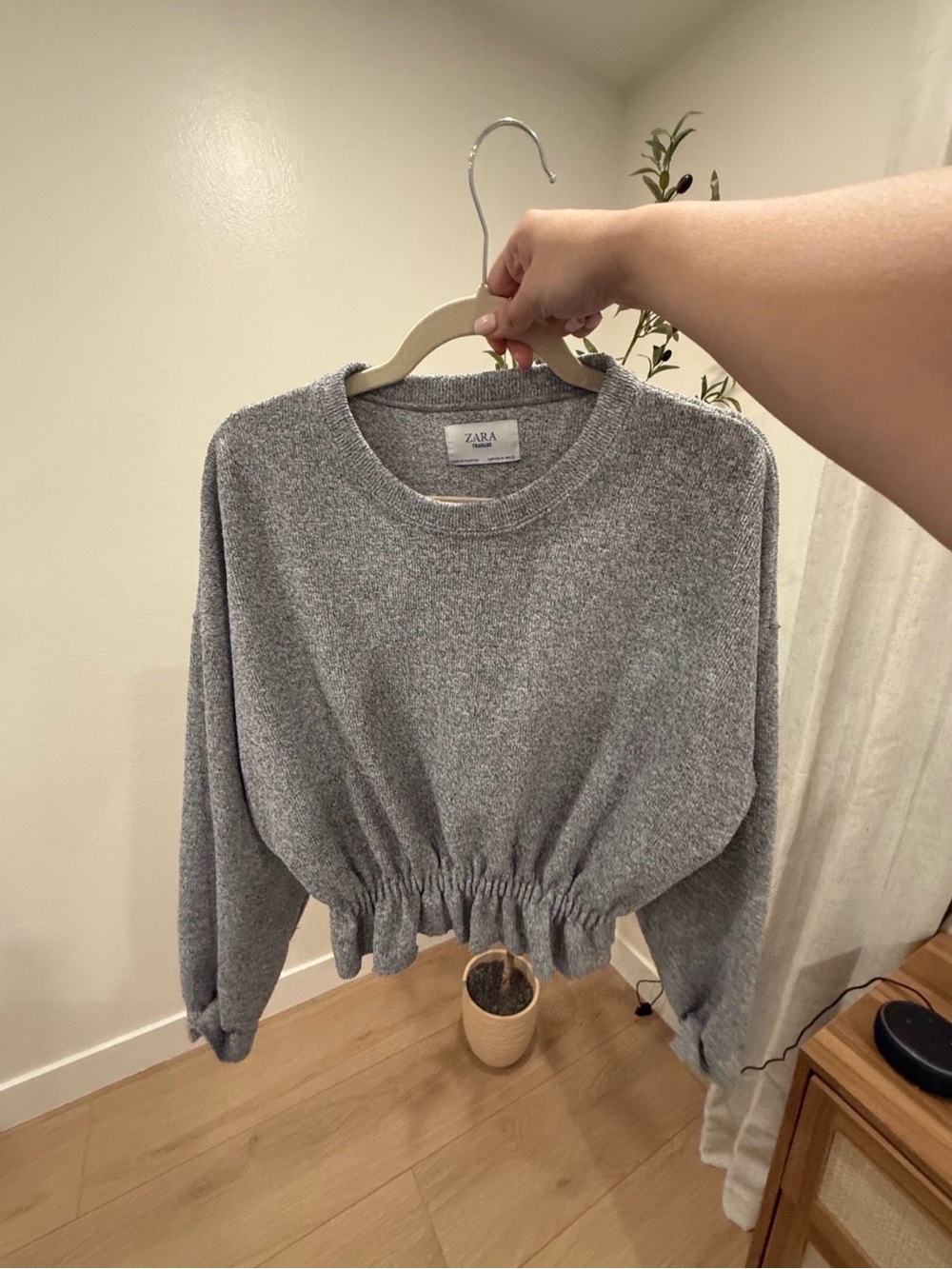 Zara Gray Cropped Gathered-Hem Sweatshirt